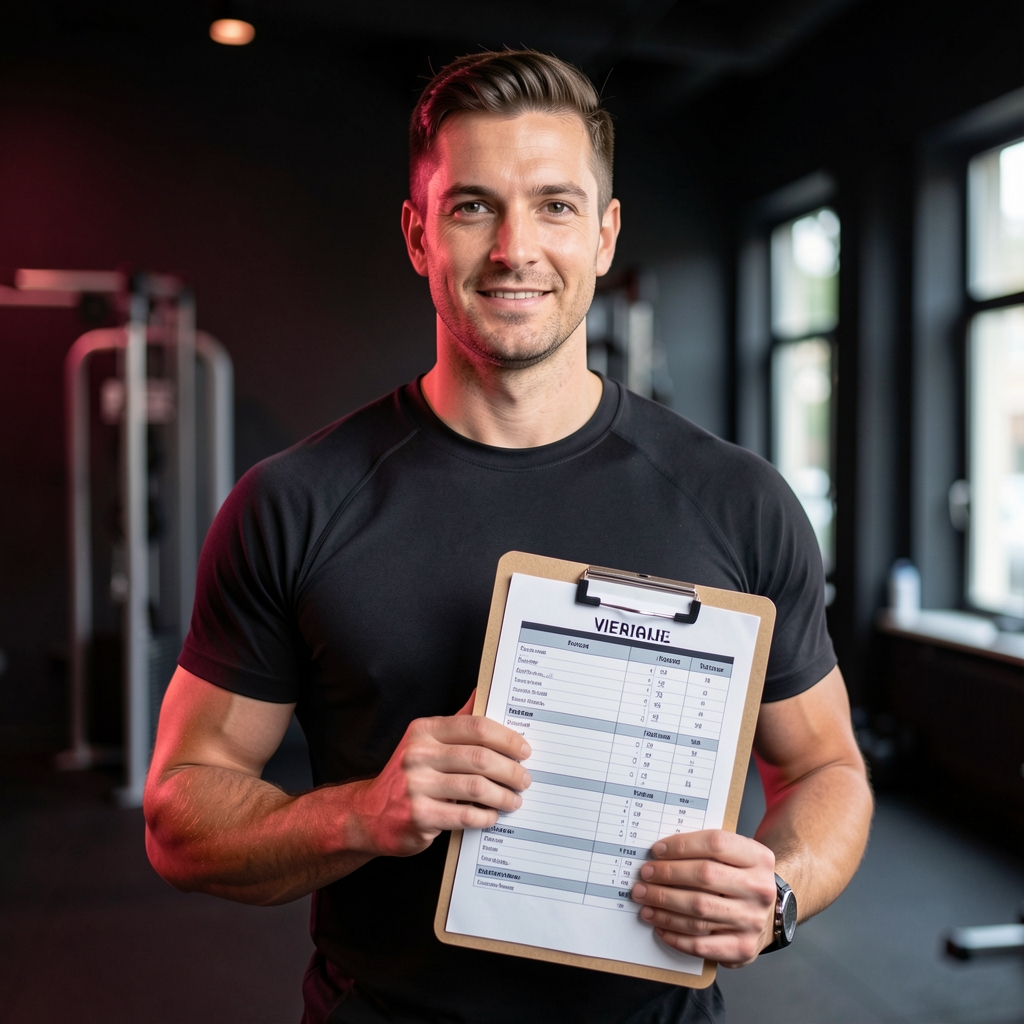 Coach reviewing a client's training log at a wooden desk in a well-lit Vienna coaching studio, dark walls with warm accent lighting