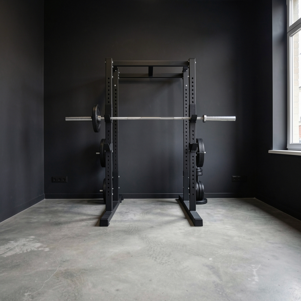 Minimalist personal training studio interior with barbell rack, dark walls and polished concrete floor in Vienna's 8th district, warm ambient lighting