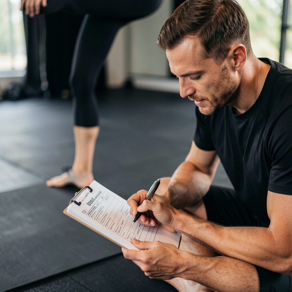 Coach conducting a movement screening with a client on a dark studio floor, observing a single-leg stance pattern, noting findings on a structured assessment form