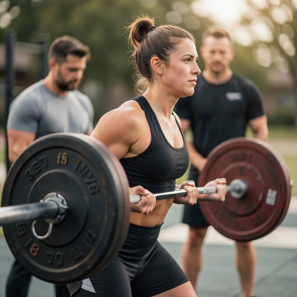 Athlete mid-deadlift in a controlled environment, heavy barbell loaded, coach standing at a safe distance observing spinal alignment